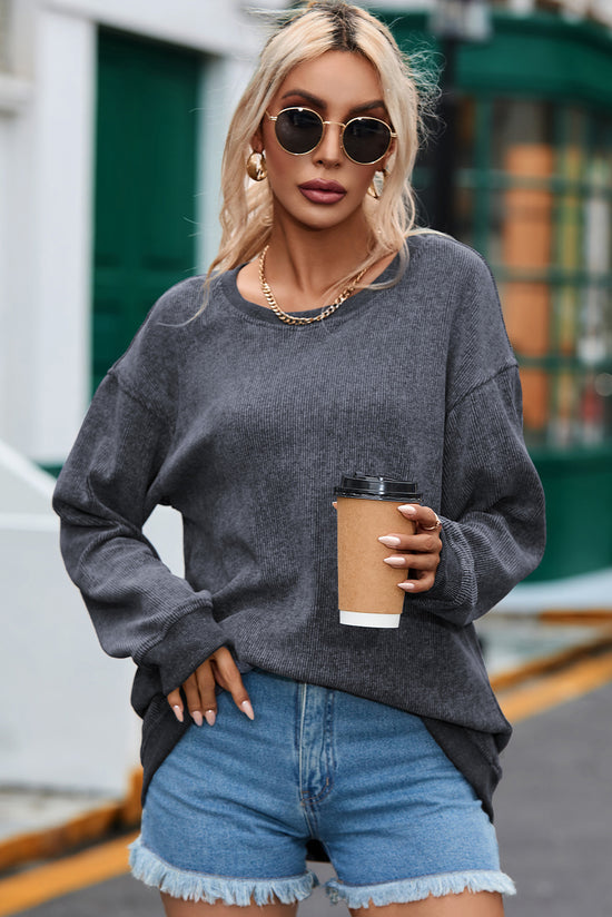 Solid gray ribbed knit crew neck sweatshirt