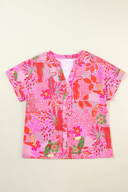 CROWT V -neck blouse with pink jungle floral print