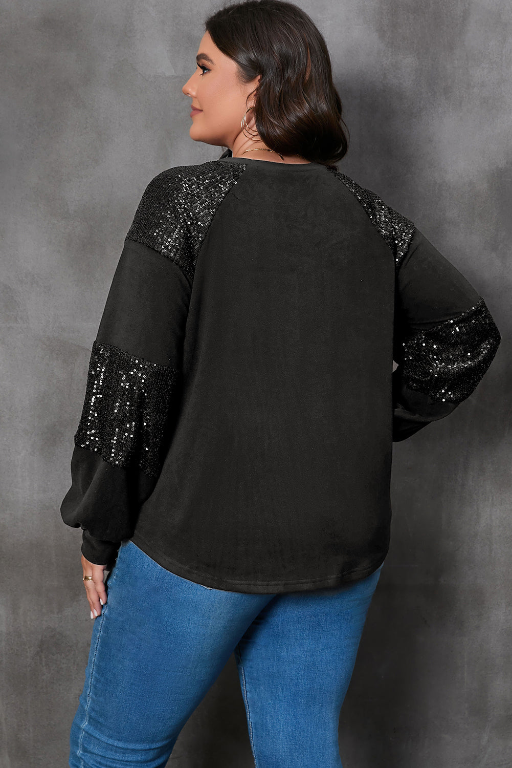 Black Plus size Patchwork Crew Neck Long Sleeve Top