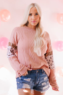 Pink Leopard Sequin Spliced ​​Sleeve Textured Knit Top