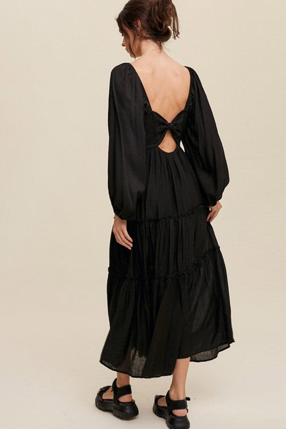 Black V Neck Bowknot Coupte Frill Tiered Maxi Robe