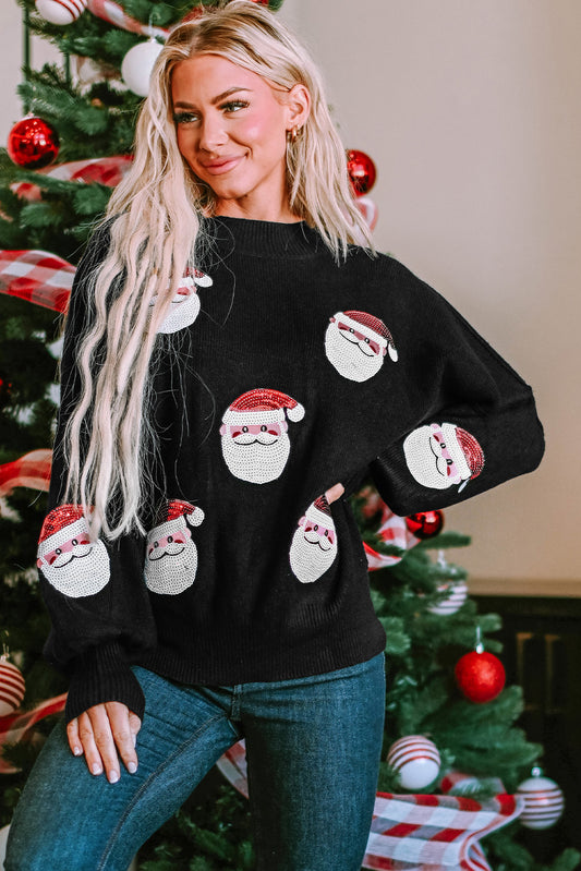 Pull noir à paillettes avec manches évêque du Père Noël