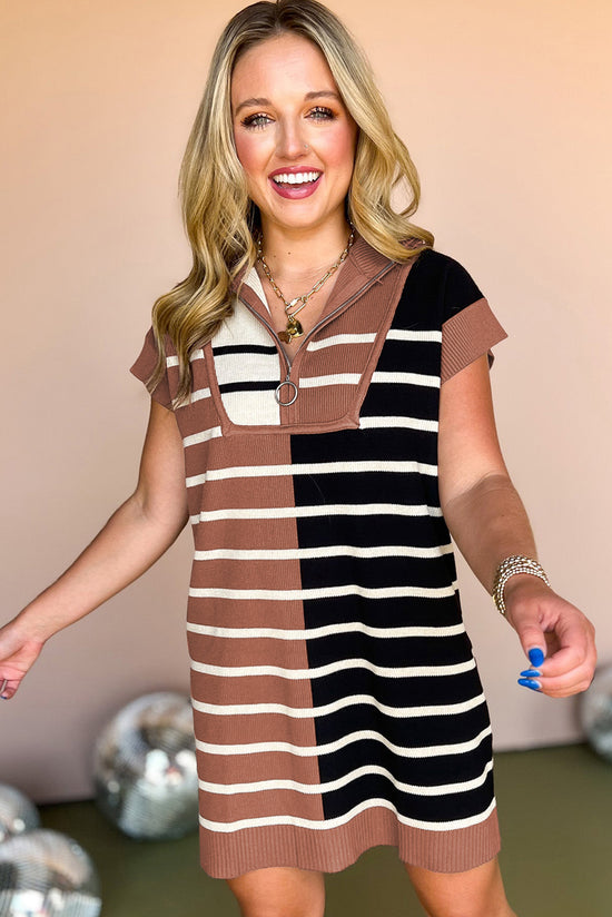 Black striped sweater dress and colored blocks, zipped collar, short sleeves