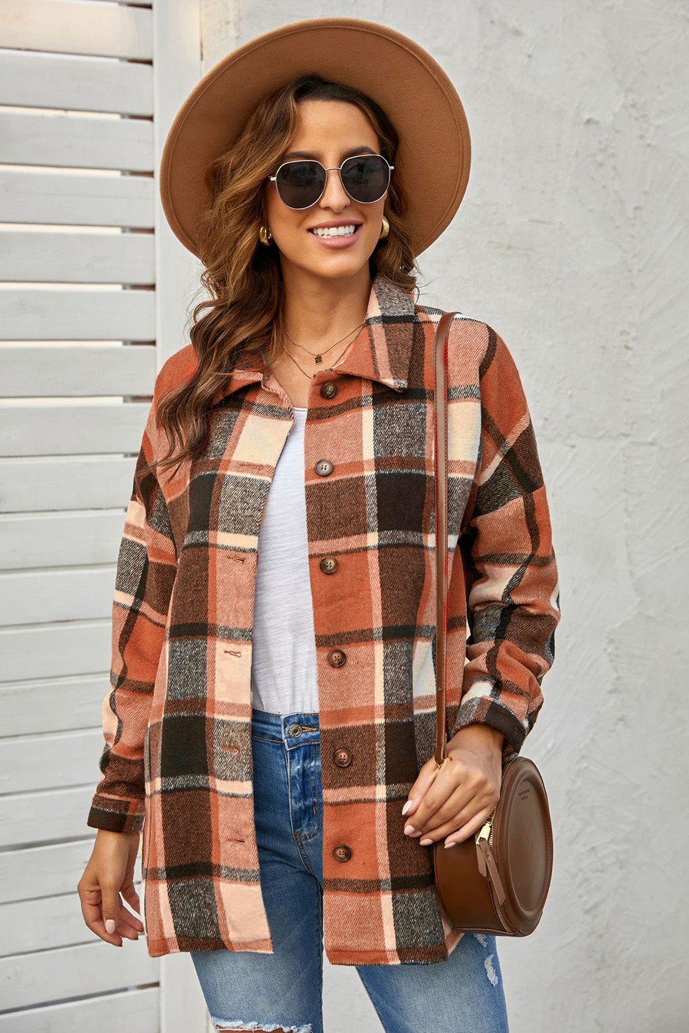 Orange Plaid Button Down Shirt Jacket