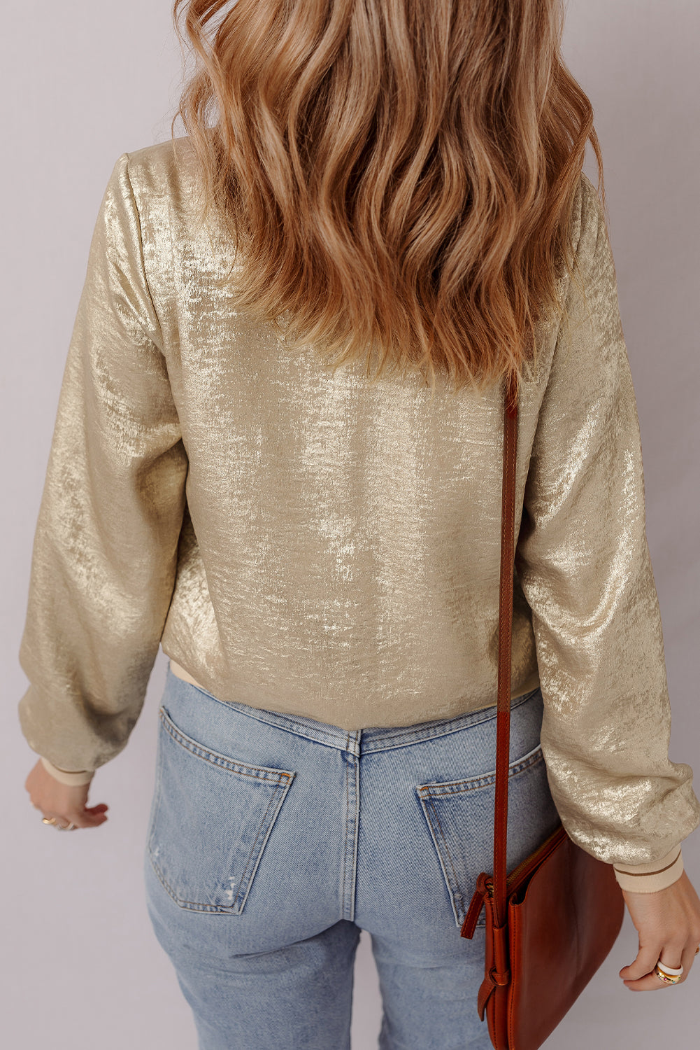 Metallic Pale Khaki Zip-Up Baseball Jacket