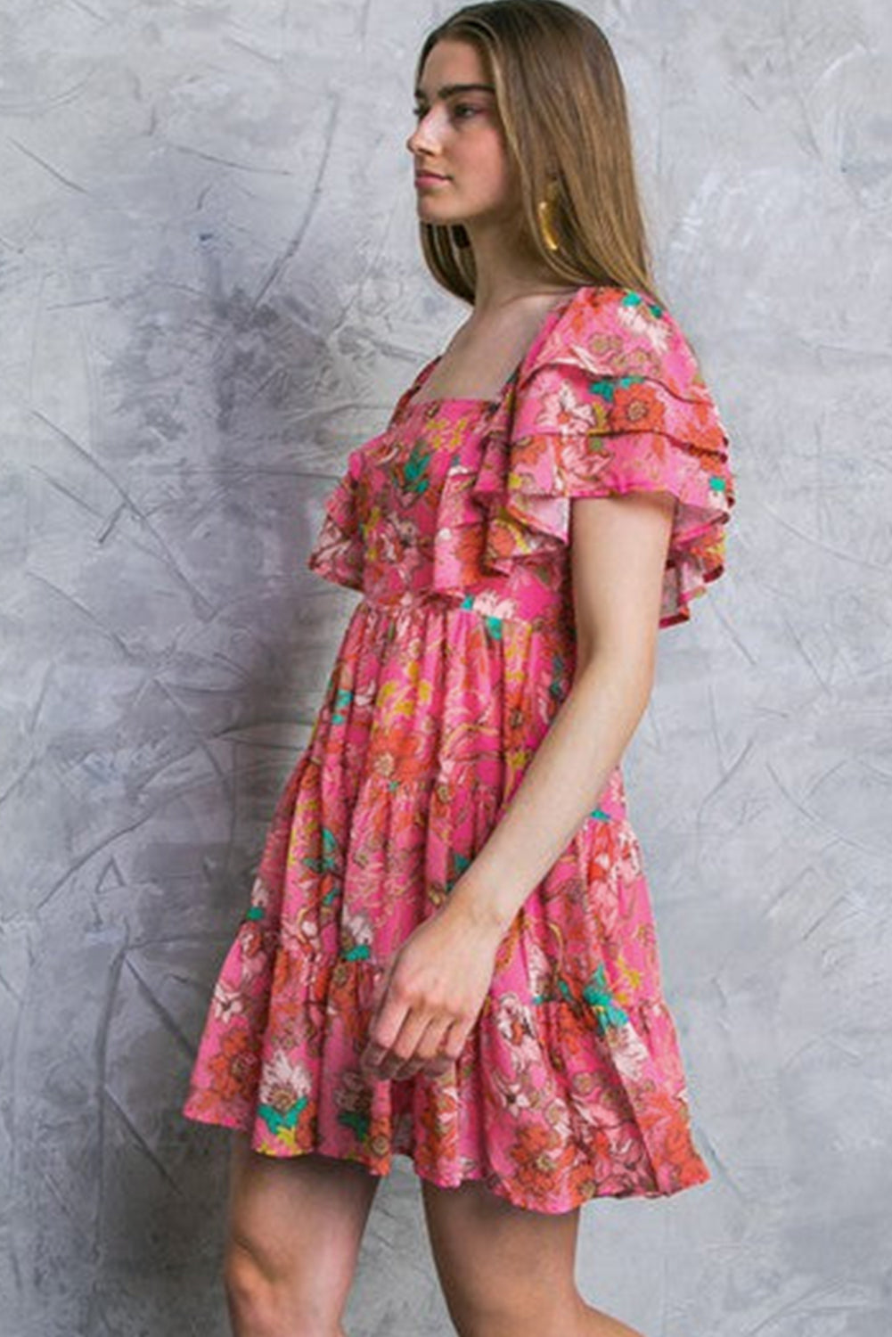 Pink floral dress with square neck and ruffled sleeves