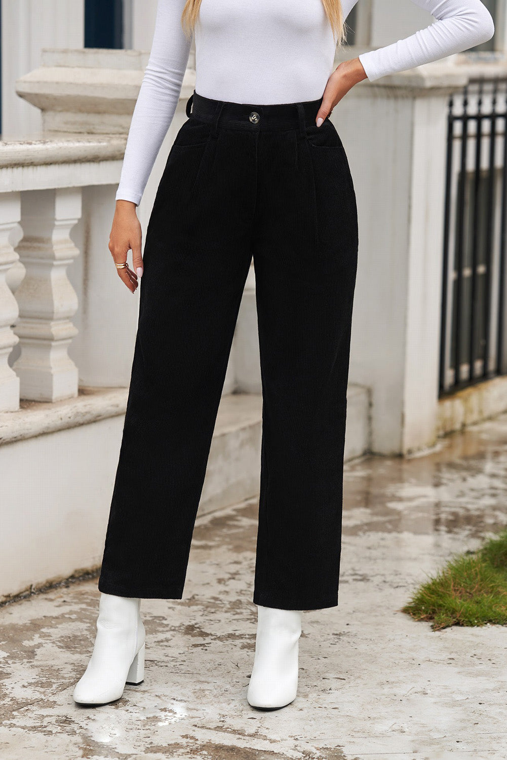 Pantalon à jambe droite à taille haute de taille en velours noir