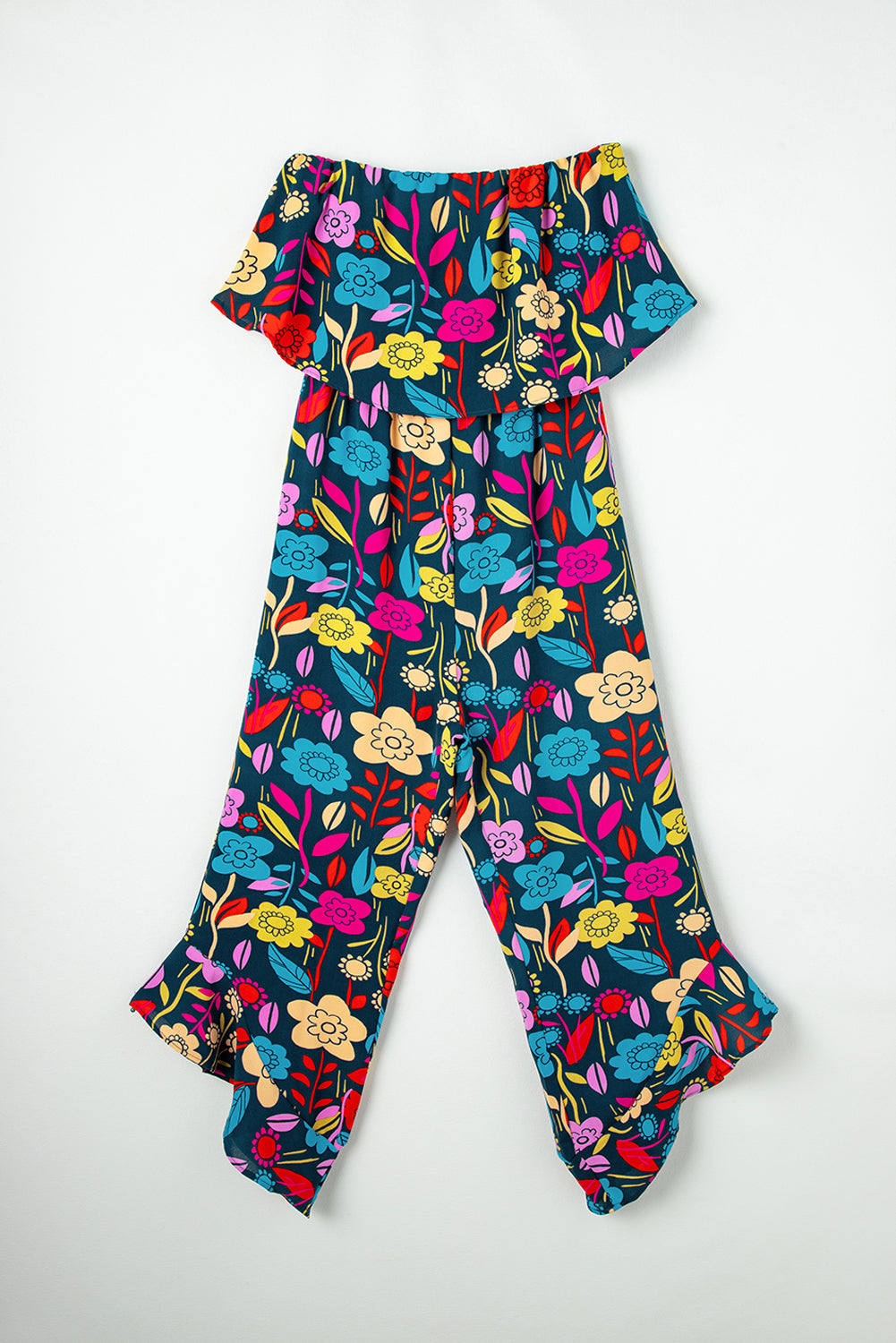 Red Mix Tropical Print trägerloser gekräuselter Jumpsuit