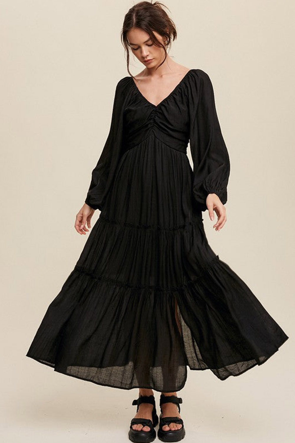 Black V Neck Bowknot Coupte Frill Tiered Maxi Robe