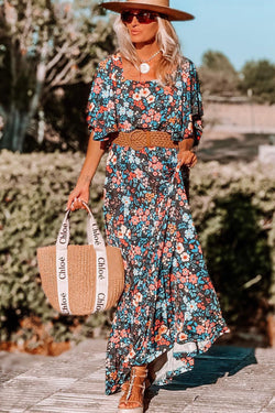 Sky blue floral long dress with knotted back and square neck