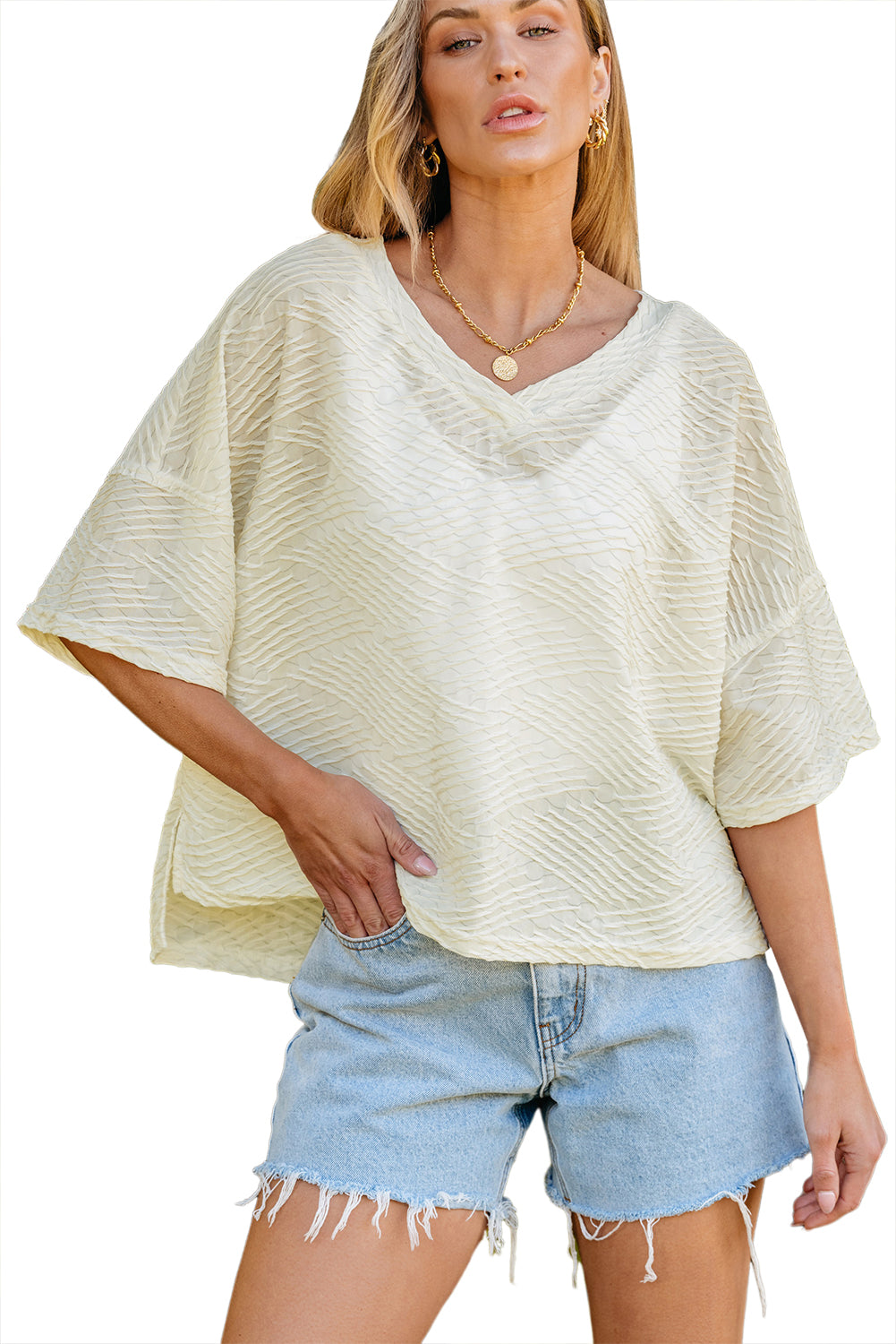 BEIGE V Neck Textured Split Hem surdimensionné