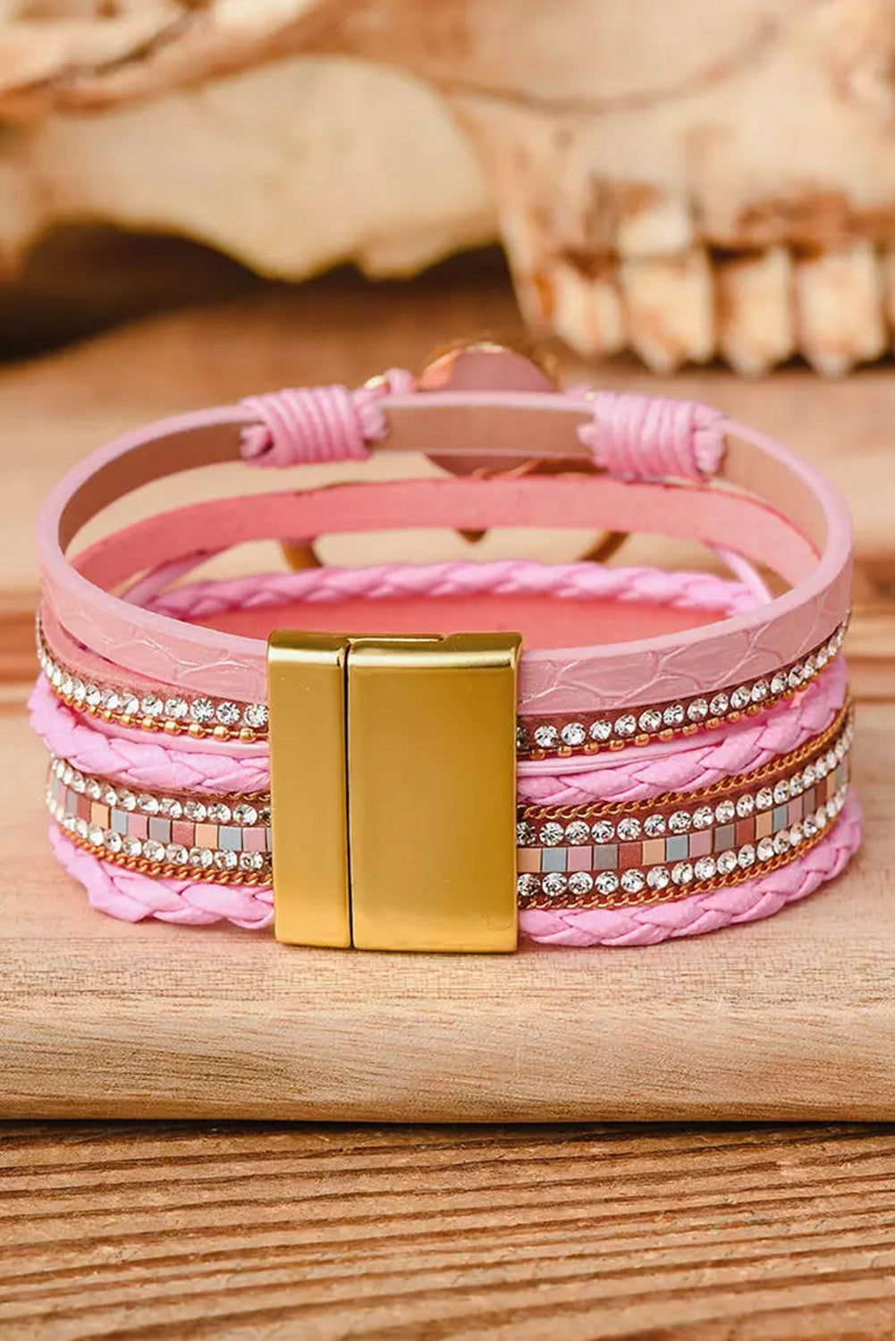 Bracelet à boucle magnétique en strass cœur bohème rose