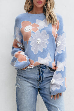 Beau Blue Floral Crew Neck Drop Shoulder Knitted Sweater