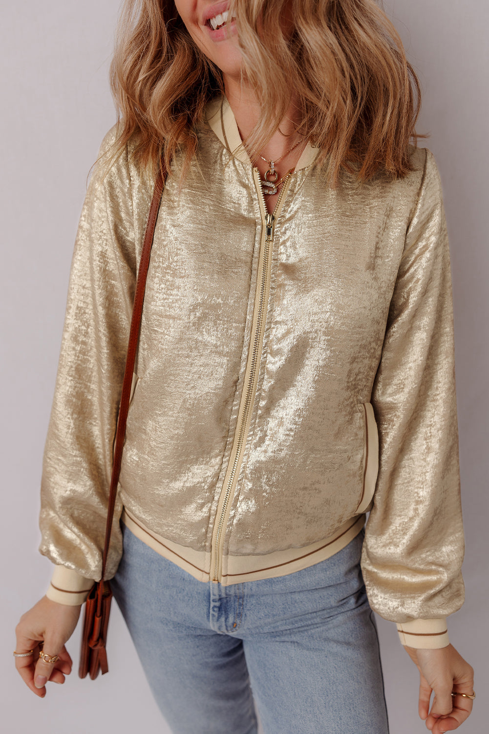 Metallic Pale Khaki Zip-Up Baseball Jacket