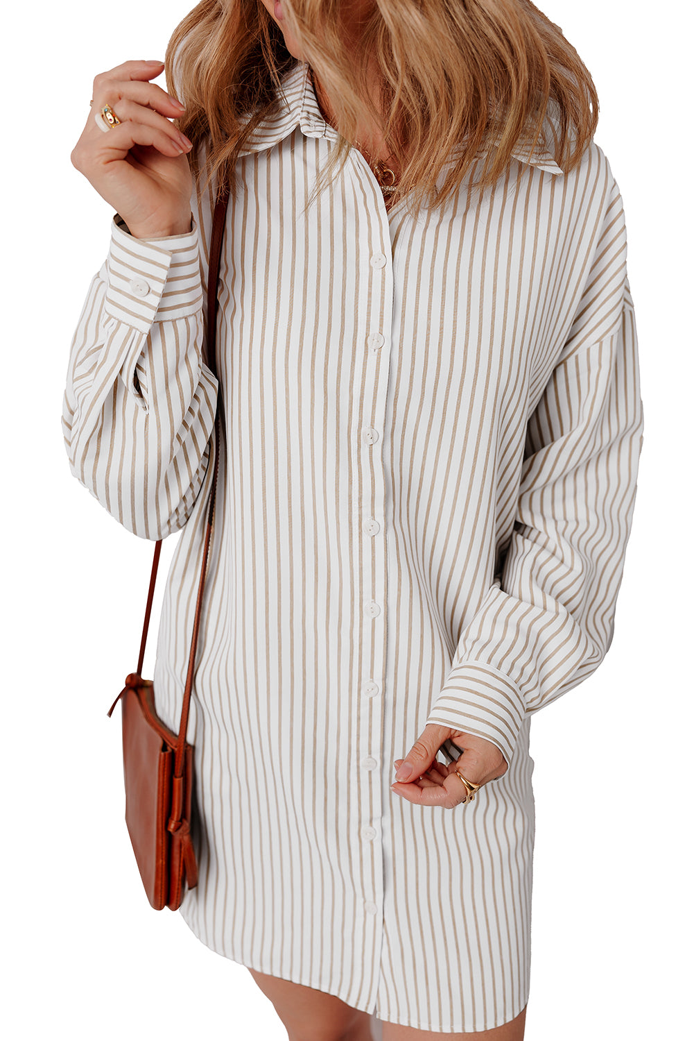 Khaki Striped Long Sleeve Button Down Shirt Mini Dress