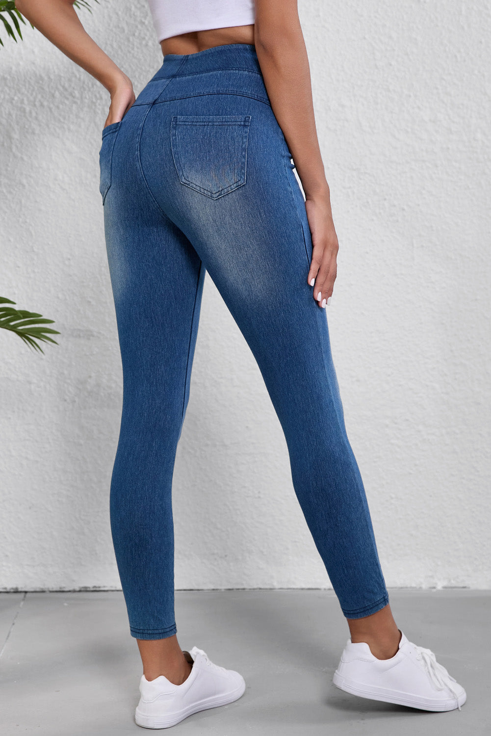 Blu scuro blu magro elastico elastico jeggings a metà lunghezza con tasche