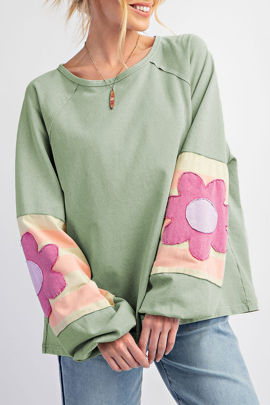 Smoke Green Flower Patchwork Manga Raglan Se costura expuesta Top de gran tamaño