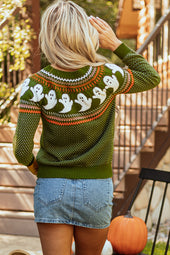 Pull vert jungle à épaules tombantes et motif fantôme d'Halloween