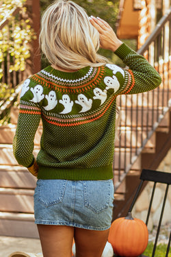 Jungle Green Drop Shoulder Sweater with Halloween Ghost Pattern