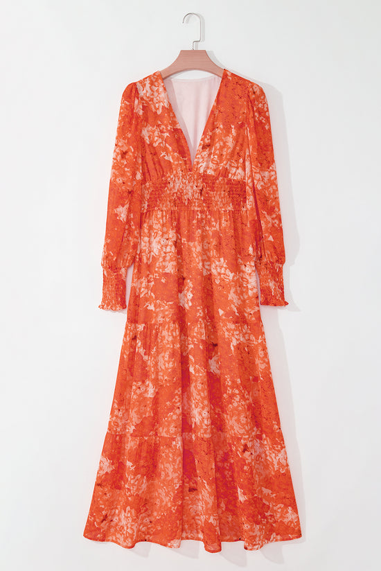 Orange Tiered V-Neck Bishop Sleeve Floral Boho Maxi Dress