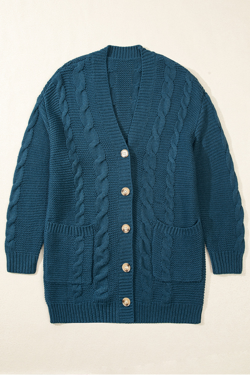 Peacock Blue Cable Knit Button Down Baggy Cardigan with Front Pockets