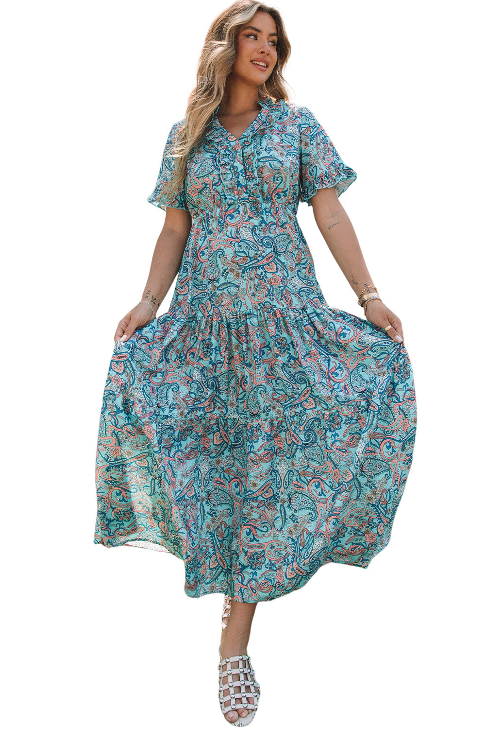 Sky Blue Paisley Print Boho Holiday Ruffle MAXI Robe