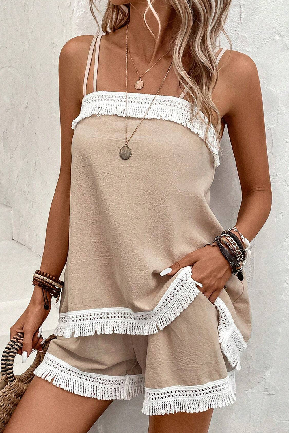 Pale Khaki Fringe Crochet Double Strap Tank Top and Shorts Set