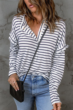 White Striped Print Ruffle Buttoned Long Sleeve Top