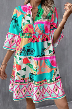 Multicolor mini-abstract print, half-long sleeves, notch collar