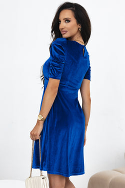 Voile blue velvet ruched mini dress with pockets and short sleeves