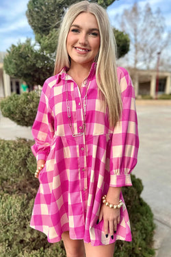 Flared mini shirt dress with bracelet sleeves and pink red plaid collar