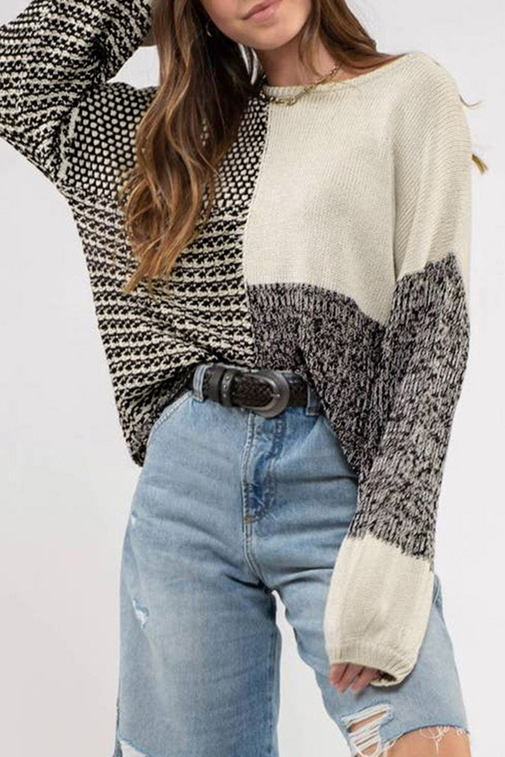 Neutral color block black sweater with tie at the back