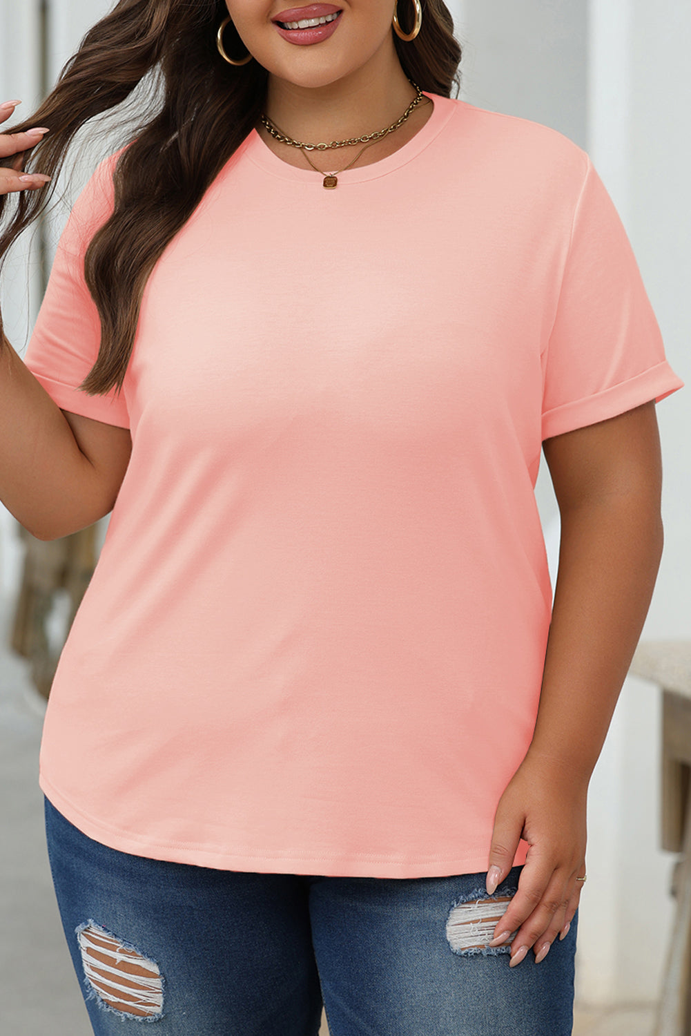 Camiseta rosa casual de color redondo