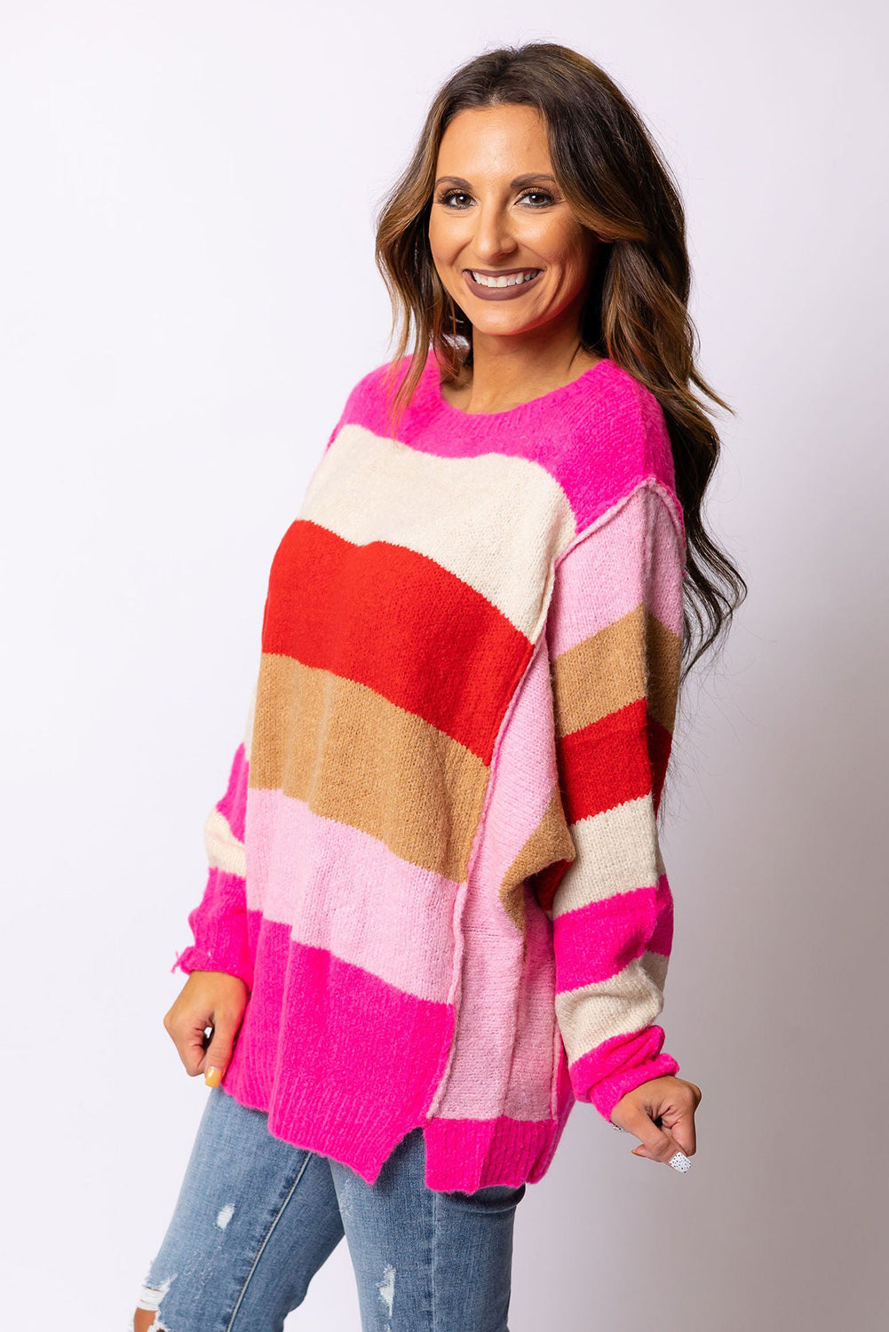 Fiery Red Mix Horizon Stripes Dolman Sleeve Sweater