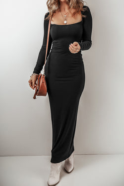 Long tight dress with long sleeves and square collar