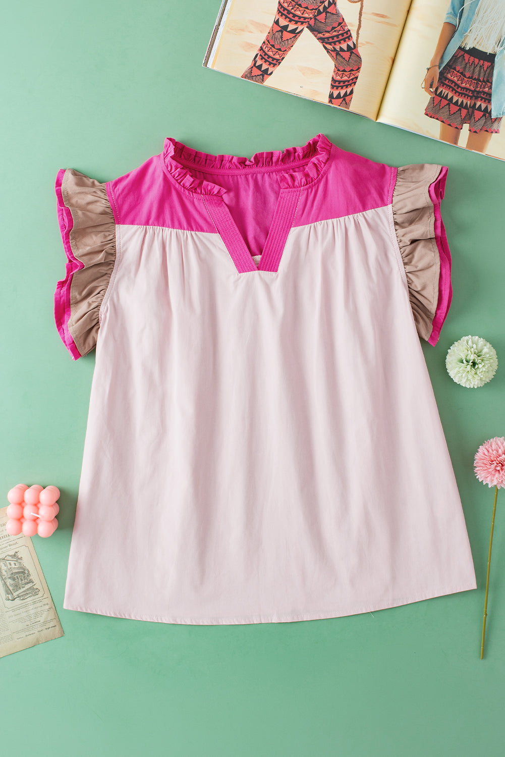 Blusa per collo a v manica a manica arruffato rosa