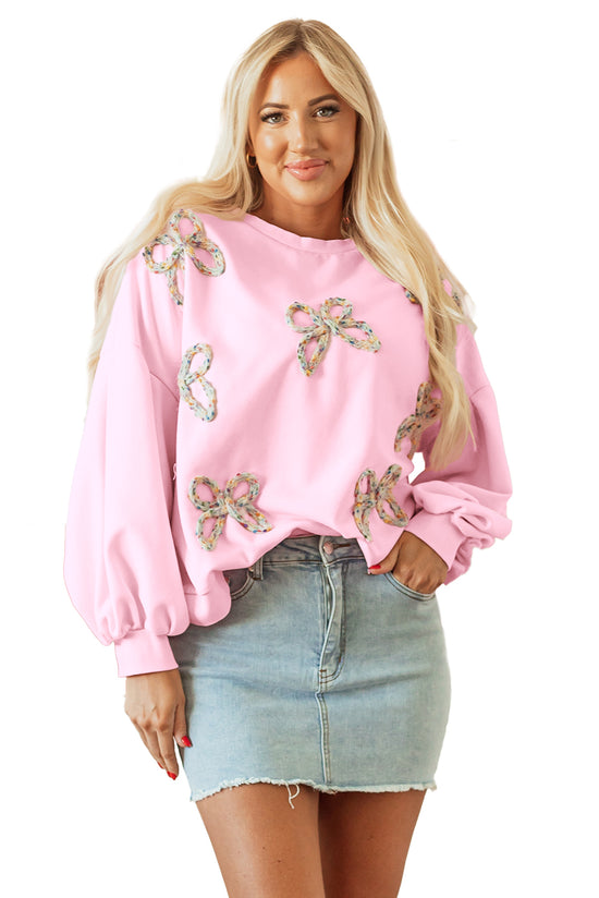 Light Pink Embroidered Bow Lantern Sleeve Oversized Sweatshirt