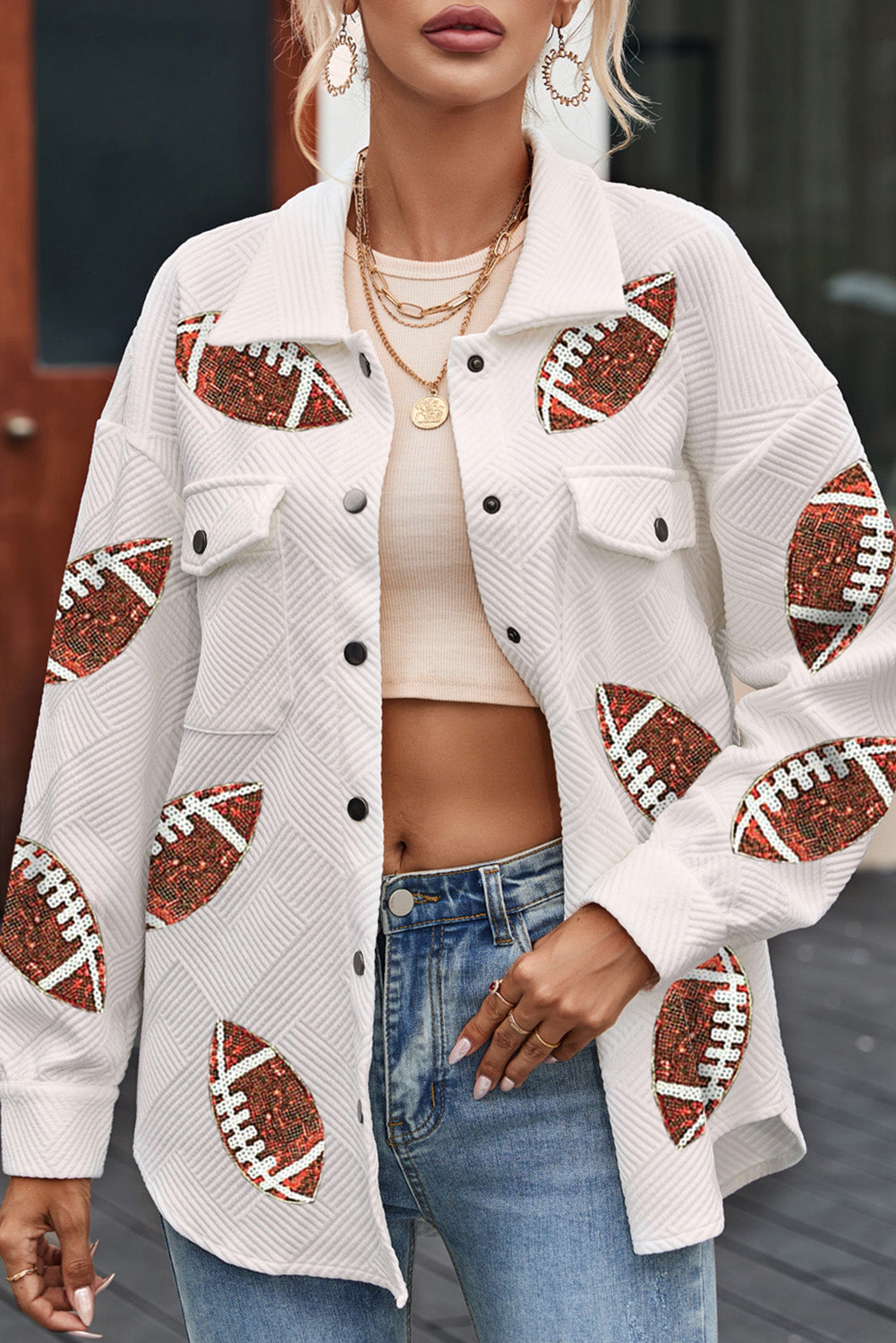 Beige glitter rugby football jacket texture bubble gum