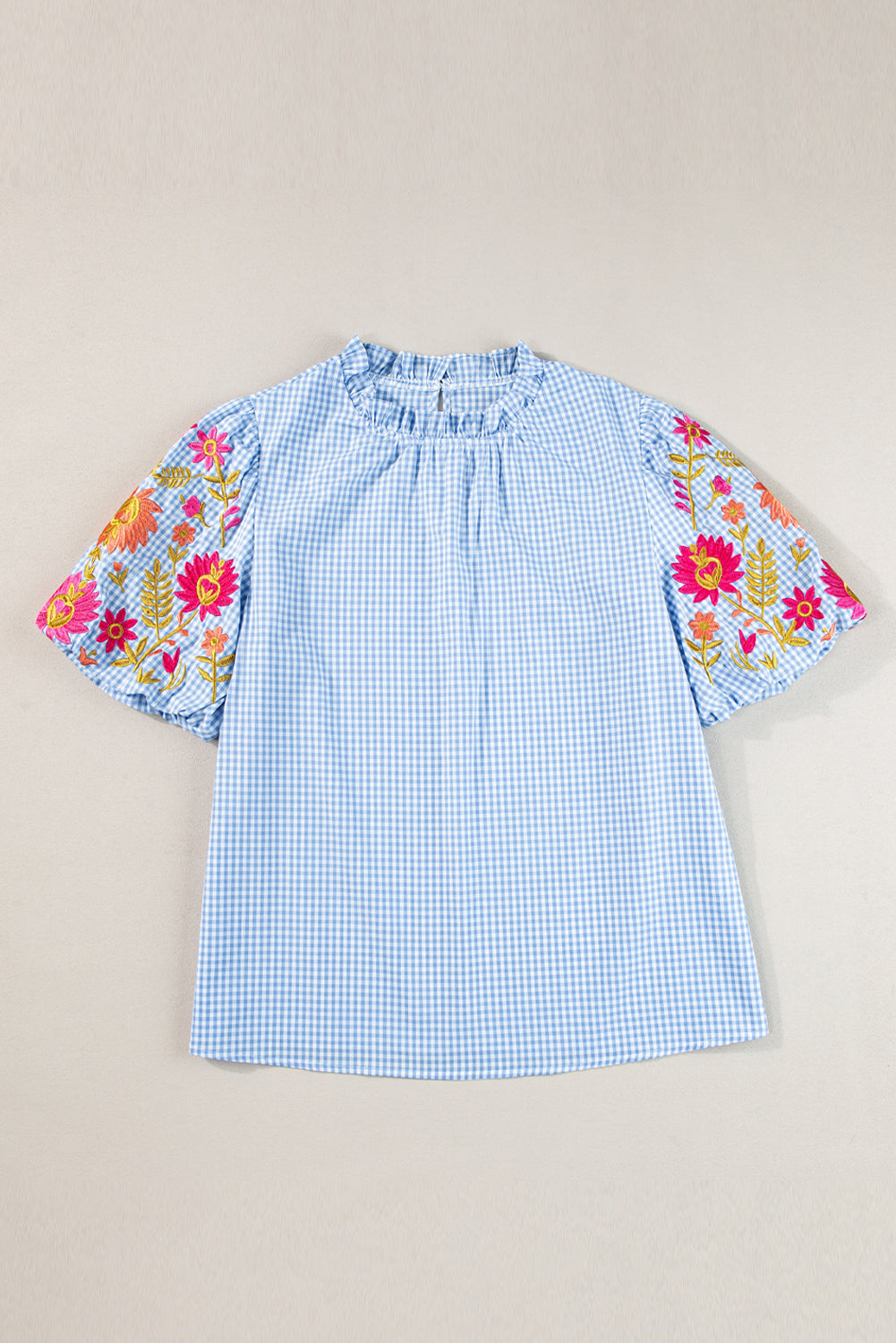 Hellblau Gingham Blumenbluse bestickte Puffhülle