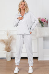 Ensemble de salon taille haute gris uni à demi-zippé avec cordon de serrage-A WOMAN WE LOVE