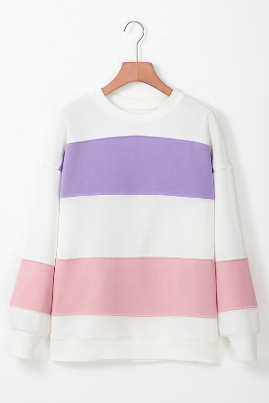 Beige crew neck sweatshirt with dropped shoulders in color block patchwork