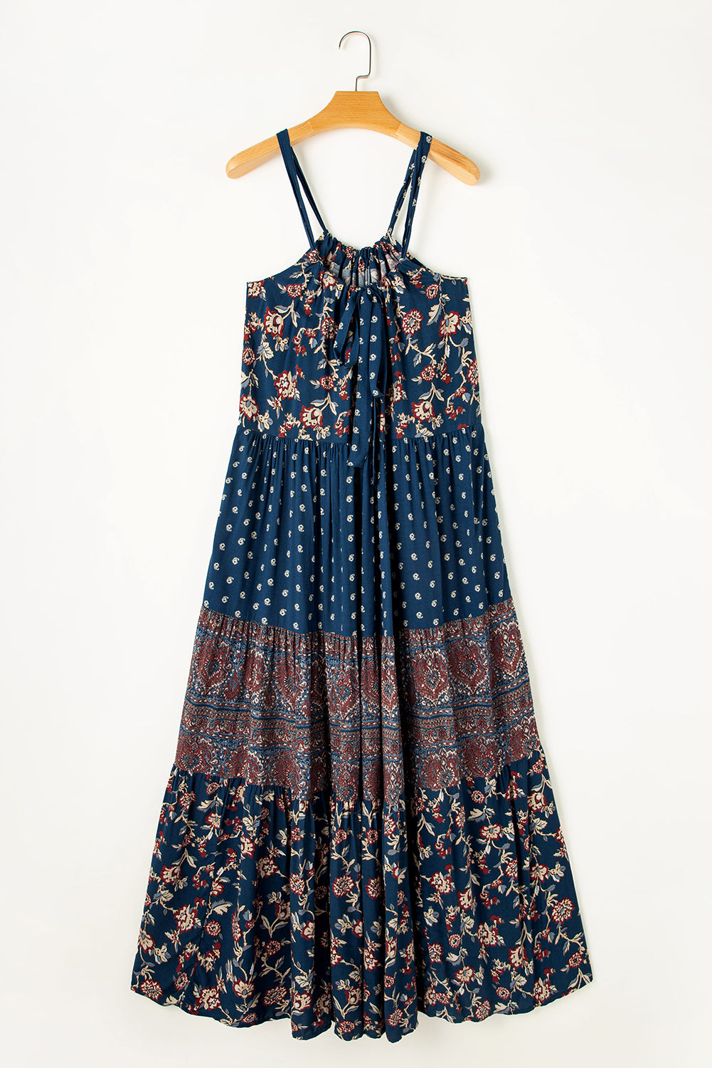 Blue Boho Floral Splicing Sleeveless Dress