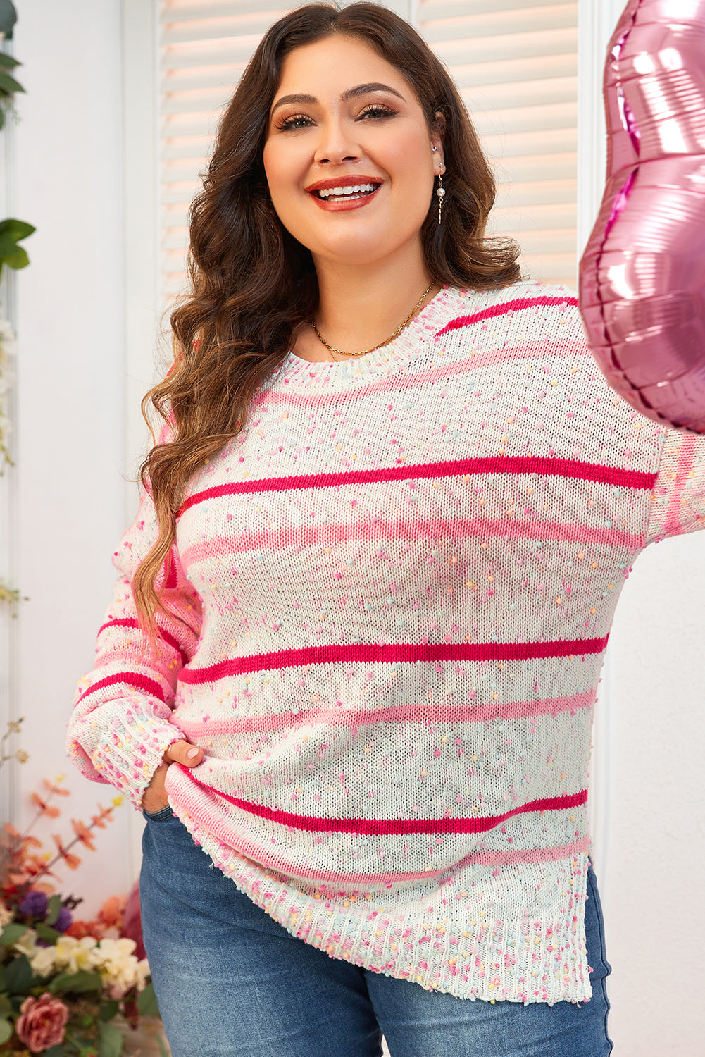 Pink striped sweater, dropped shoulders, side slit, plus size