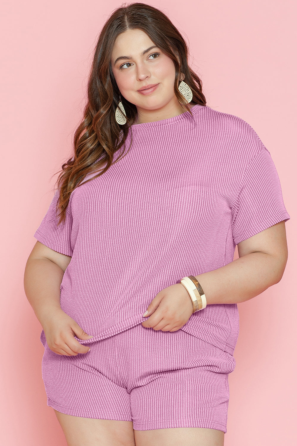 Phalaenopsis Plus Size Ribbed Knit T-Shirt and Shorts Set