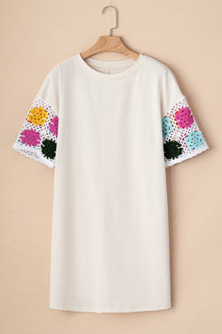 White t-shirt dress with flowering flower sleeves