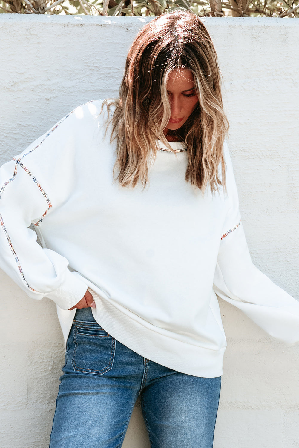 White Contrast Rainbow Trim Drop Shoulder Pullover Sweatshirt