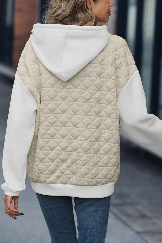 Beige hoodie with kangaroo pocket and quilted patchwork with dropped shoulders