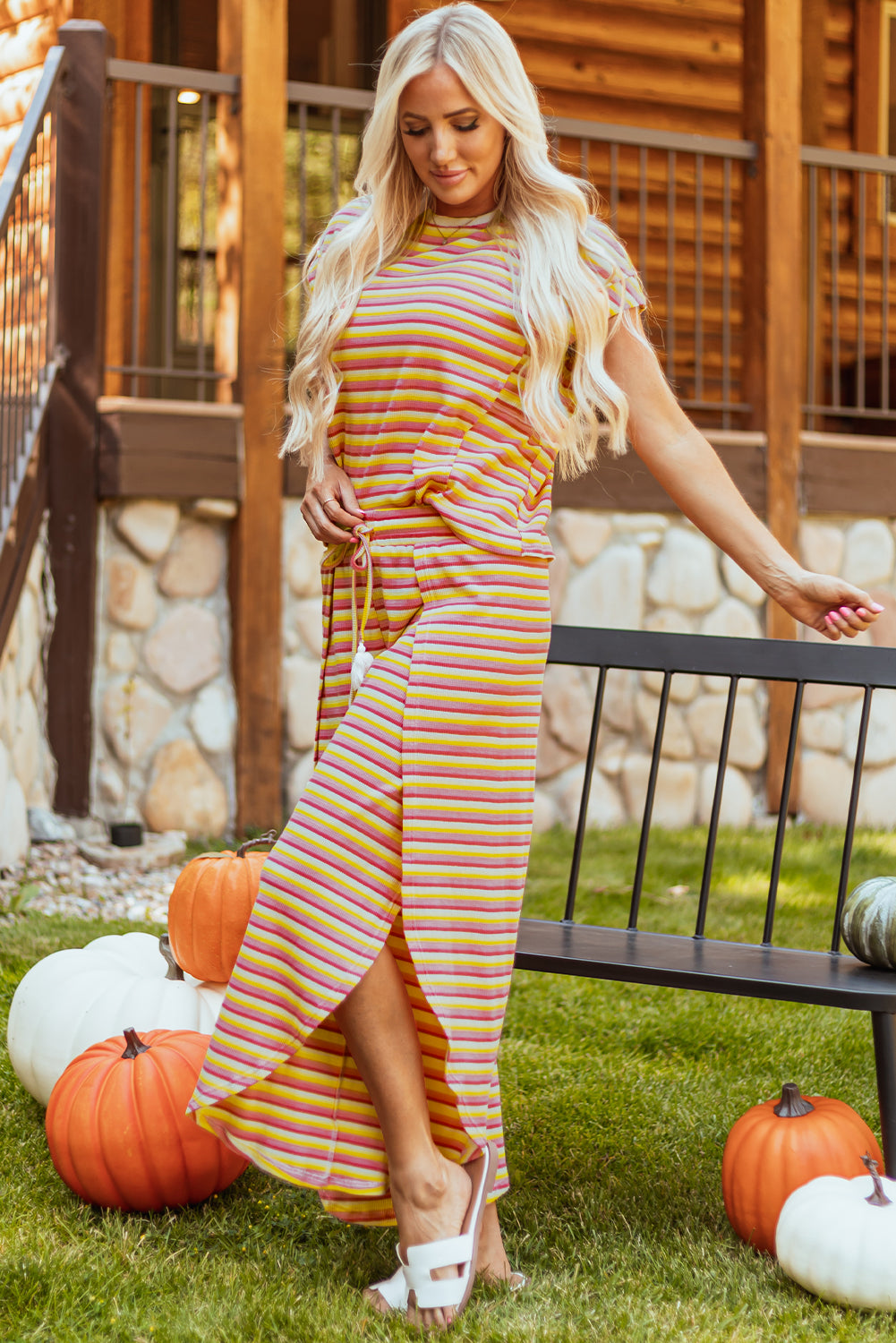 Wide leg pants set with yellow striped rainbow t-shirt and fringed string