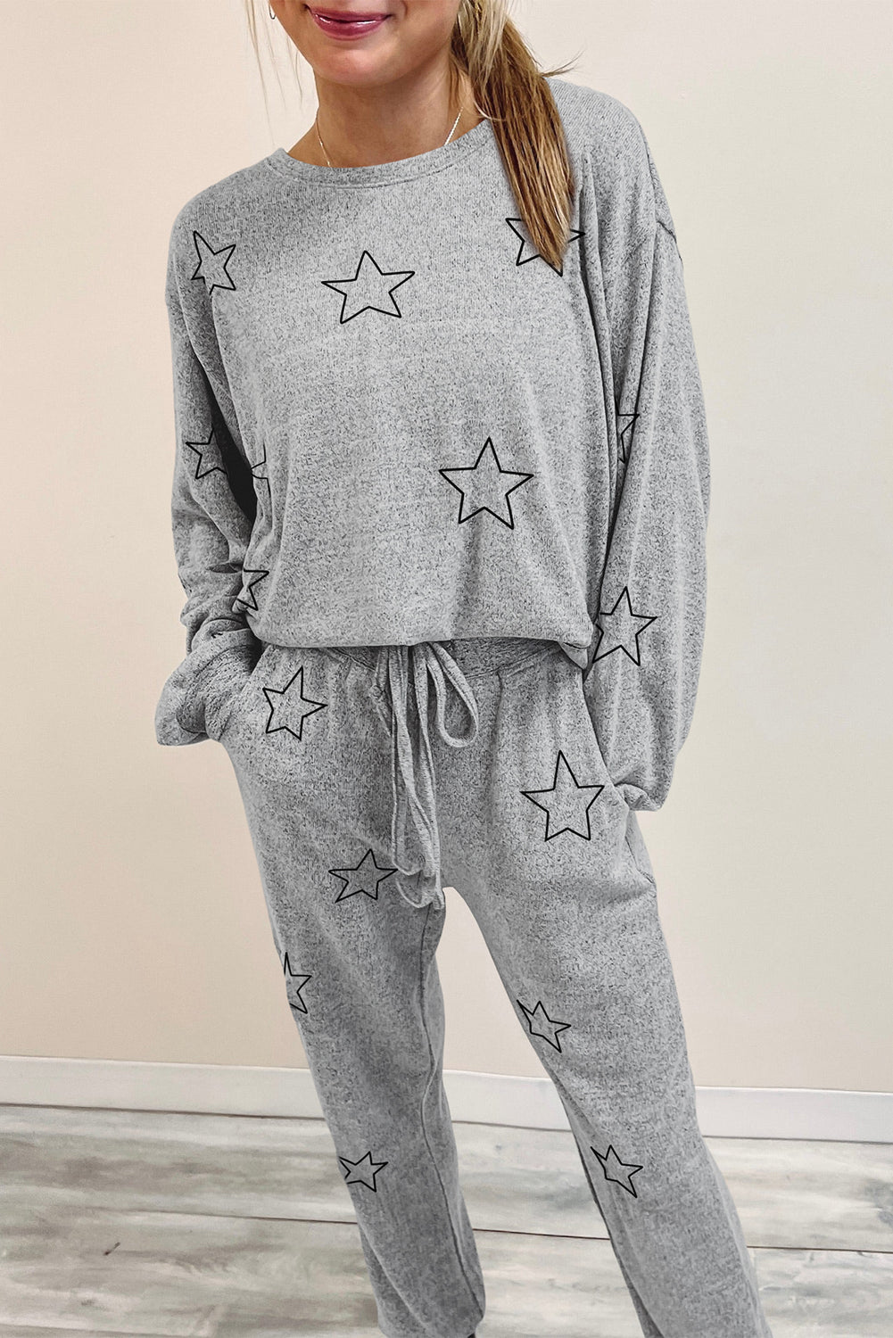 Gray Stars Print Long Sleeve Drawstring High Waist Lounge Set