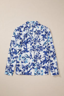 Elegant blouse with notched collar and floral blue floral print